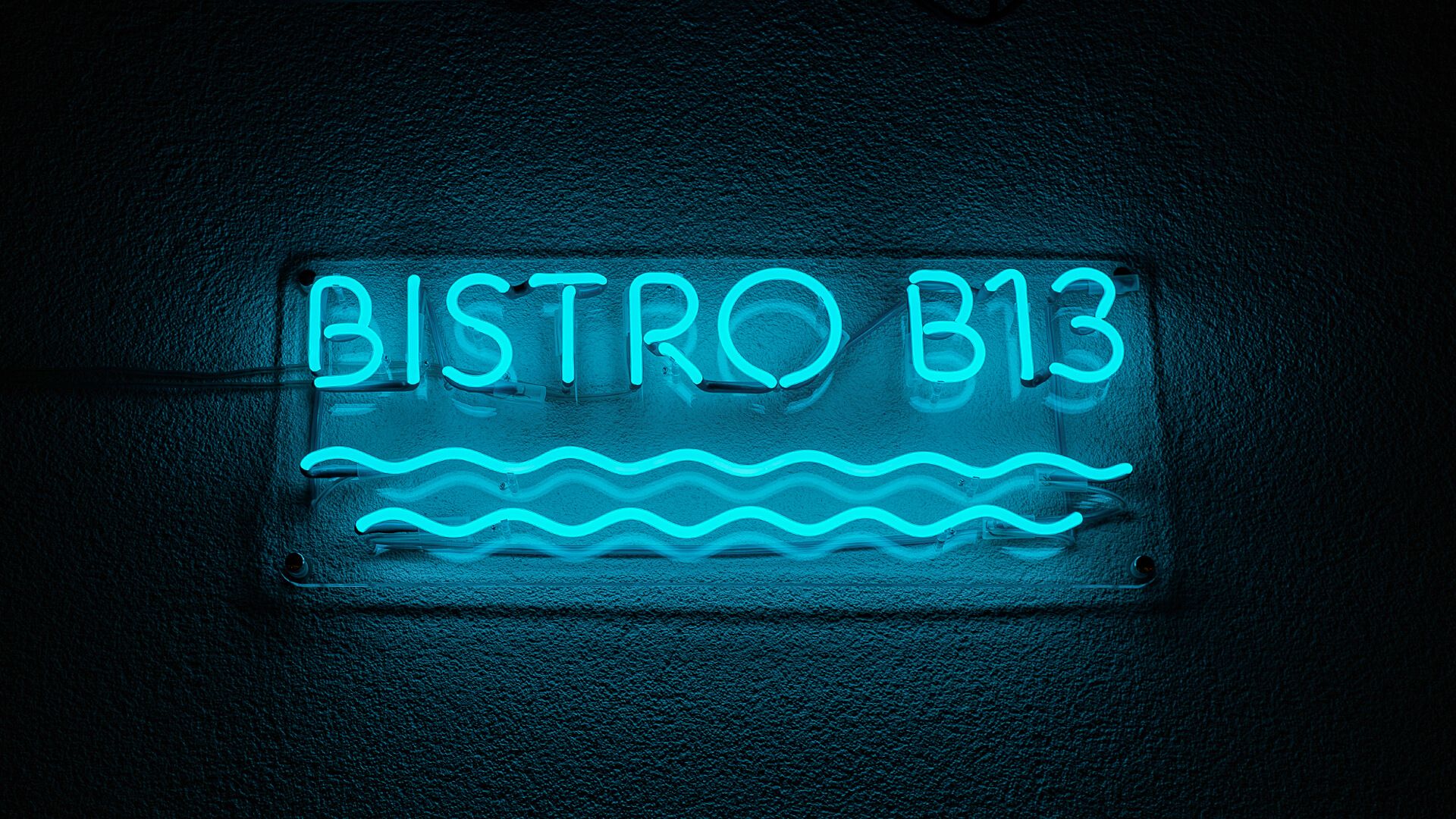 Bistro B13 - Blue neon Bistro, with waves under the lettering.